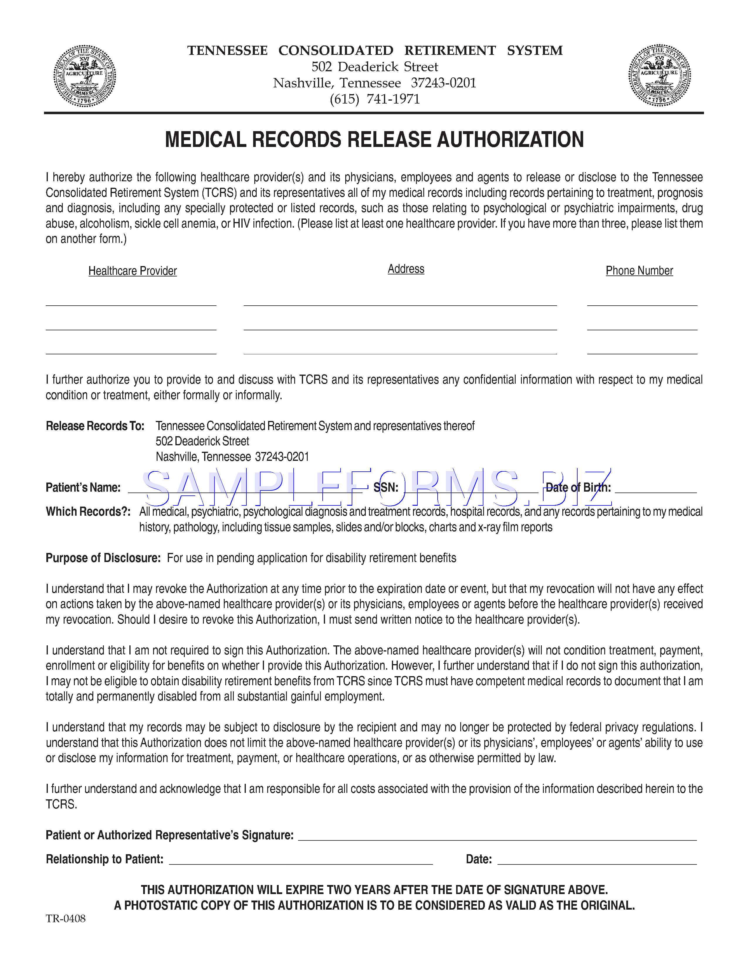 Preview free downloadable Tennessee Medical Records Release Form 2 in PDF (page 1)
